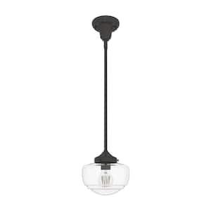 Saddle Creek 1-Light Noble Bronze Schoolhouse Mini Pendant Light with Clear Seeded Glass Shade