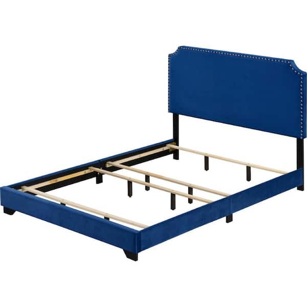 Blue Wood Frame Queen Platform Bed with Nailhead Trims