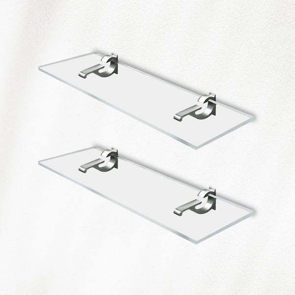 Fab Glass and Mirror 6 in. W. x 0.75 in. H x 14.5 in. D Wall Mounted Clear Acrylic Rectangular Shelf in Brushed Nickel Brackets Pack of 2
