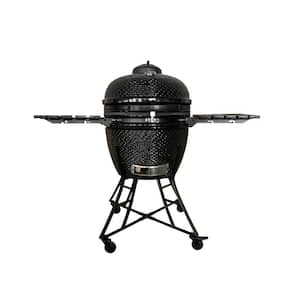 Barbecue Charcoal Grill in Black, Ceramic Kamado Grill with Side Table, Suitable for Camping and Picnic