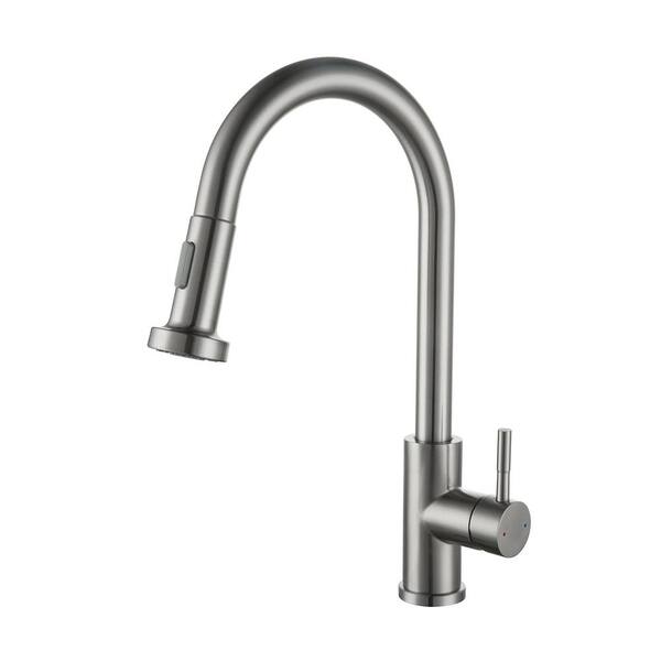 Satico Amuring Single Handle Pull Out Sprayer Kitchen Faucet in Brushed ...