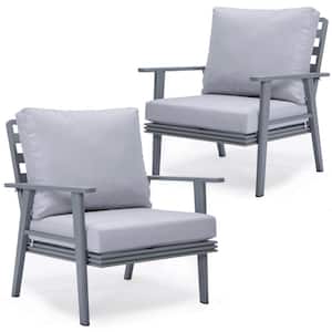 Walbrooke Modern Outdoor Arm Chair with Grey Powder Coated Aluminum Frame and Removable Cushions Set of 2 (Light Grey)