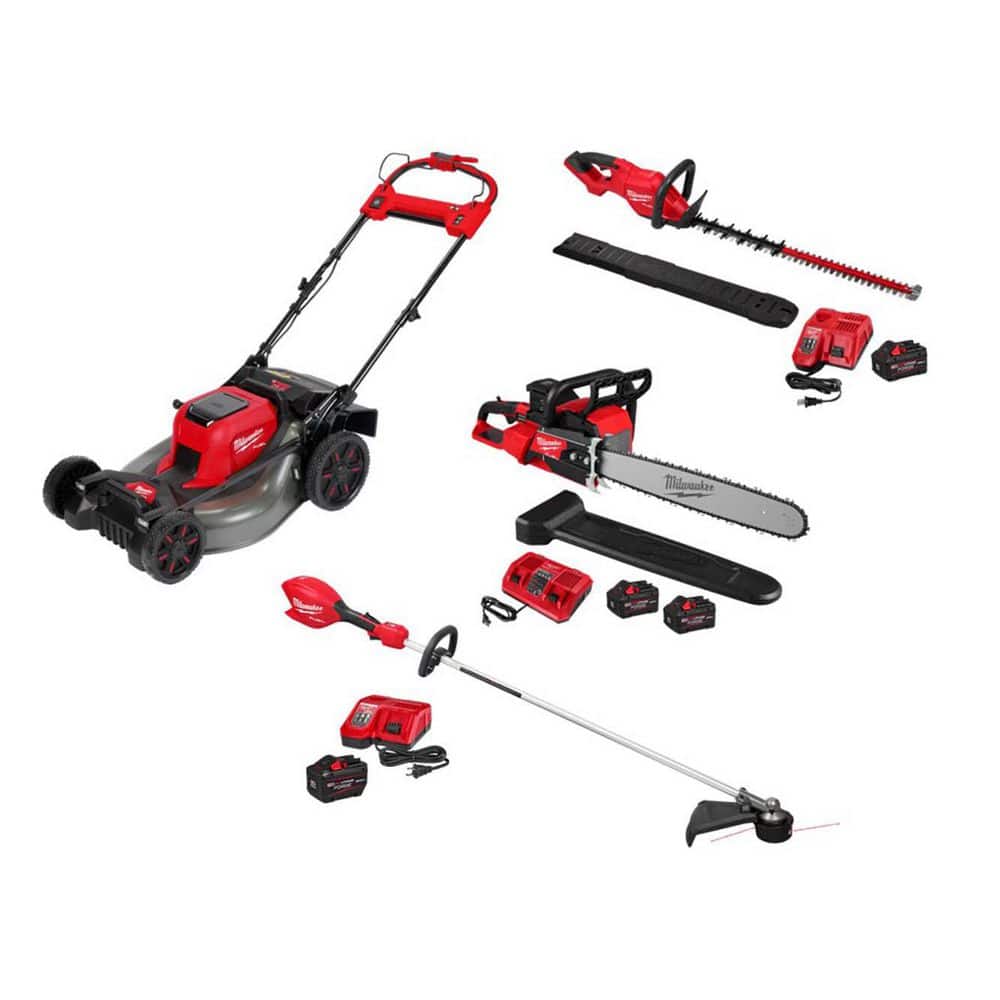 MILWAUKEE M18 FUEL Brushless Cordless 21 in Dual Battery Self-Propelled Mower w/ String Trimmer, Hedge Trimmer, Chainsaw (2823-20-30)