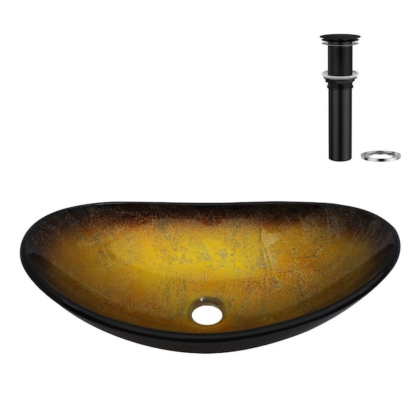 21-1/2 in. Gold Ingot Glass Oval Vessel Bathroom Sink with Black Pop-up Drain