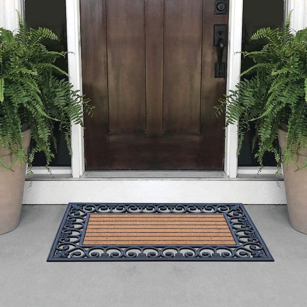 A1 Home Collections A1hc First Impression Striped Black/Beige 24 in. x 36 in. Rubber and Coir Black Finished Outdoor Door Mat