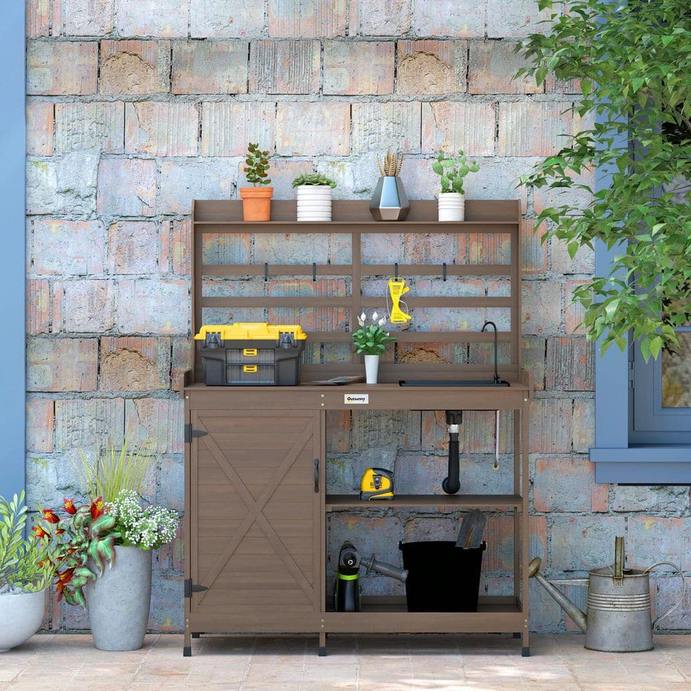 Dark Brown Wooden Outdoor Potting Bench with Storage Cabinet and Sink