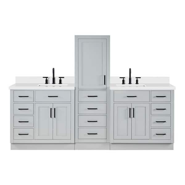 Hepburn 3-Piece 94 in. Wide Double Sink Bath Vanity And Linen Cabinet Set In Grey With Pure White Quartz Top