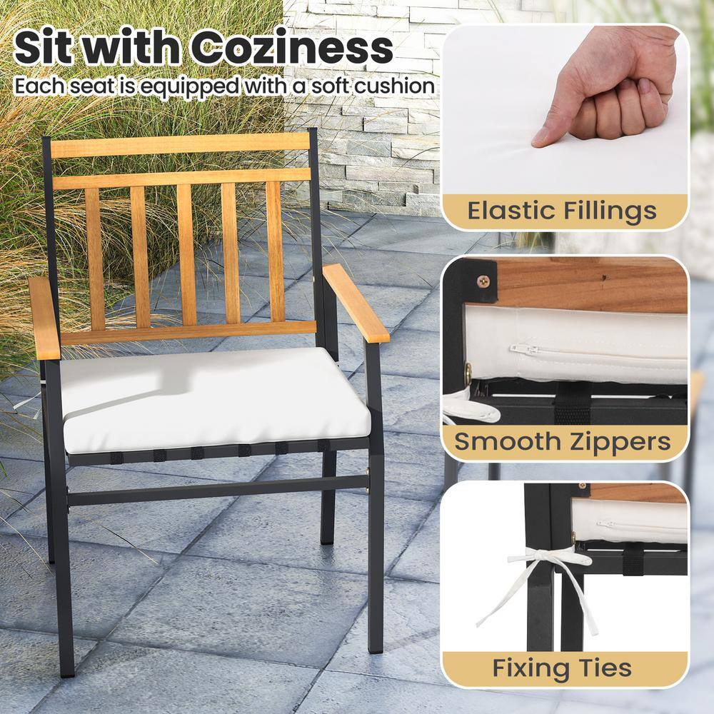Acacia Wood and Metal 3-Piece Patio Set with Off-White Cushions