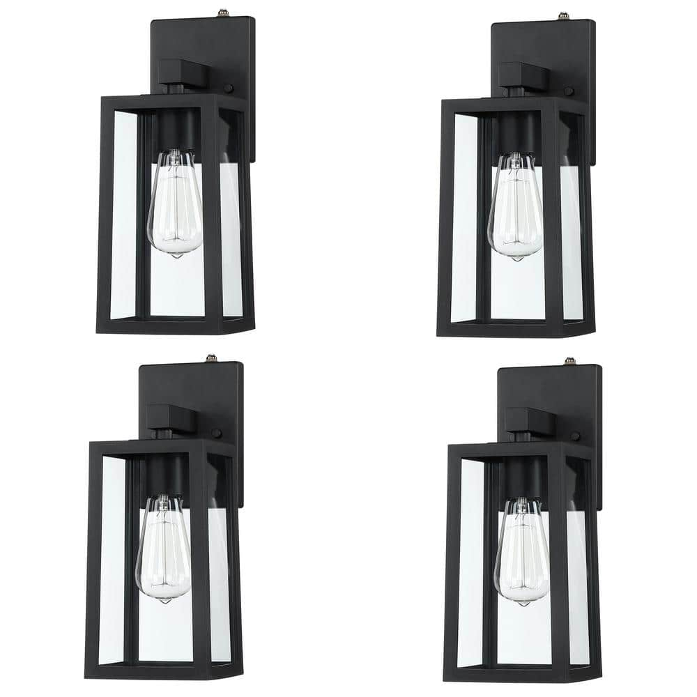 Hukoro 1-Light 13.9 in. H Matte Black Finish Hardwired Outdoor Wall Lantern Sconce with Dusk to Dawn (4-Pack)