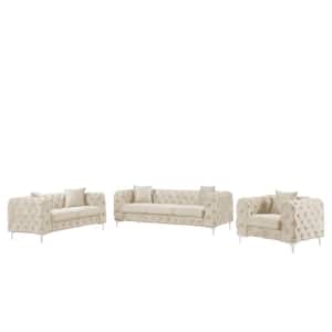 Contemporary 3-Piece of Chair Loveseat and Sofa Set with Deep Button Tufting Dutch Velvet Top in Beige