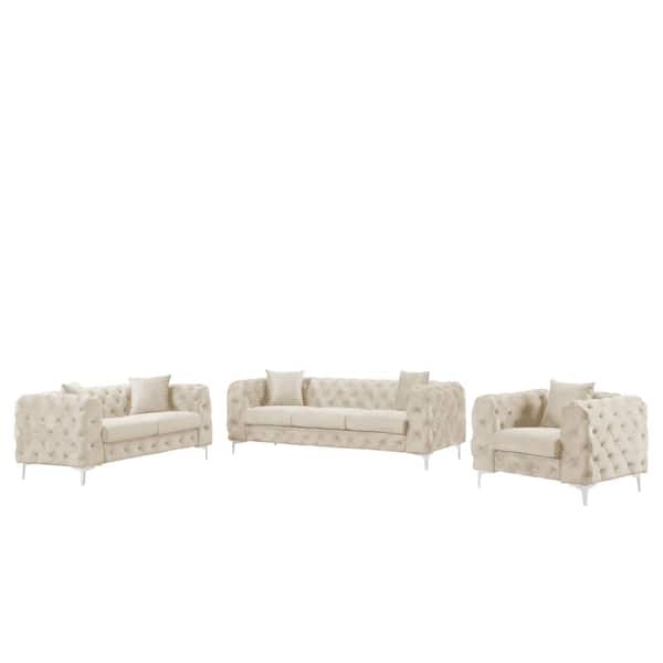 Furious skin move Morden Fort Contemporary 3-Piece of Chair Loveseat and Sofa Set with Deep  Button Tufting Dutch Velvet Top in Beige 8212-BEIGE-1+2+3 - The Home Depot