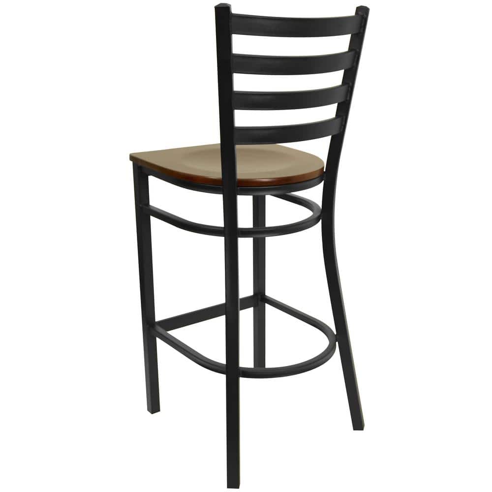 Elegant Black Metal Ladder Back Barstool with Mahogany Wood Seat