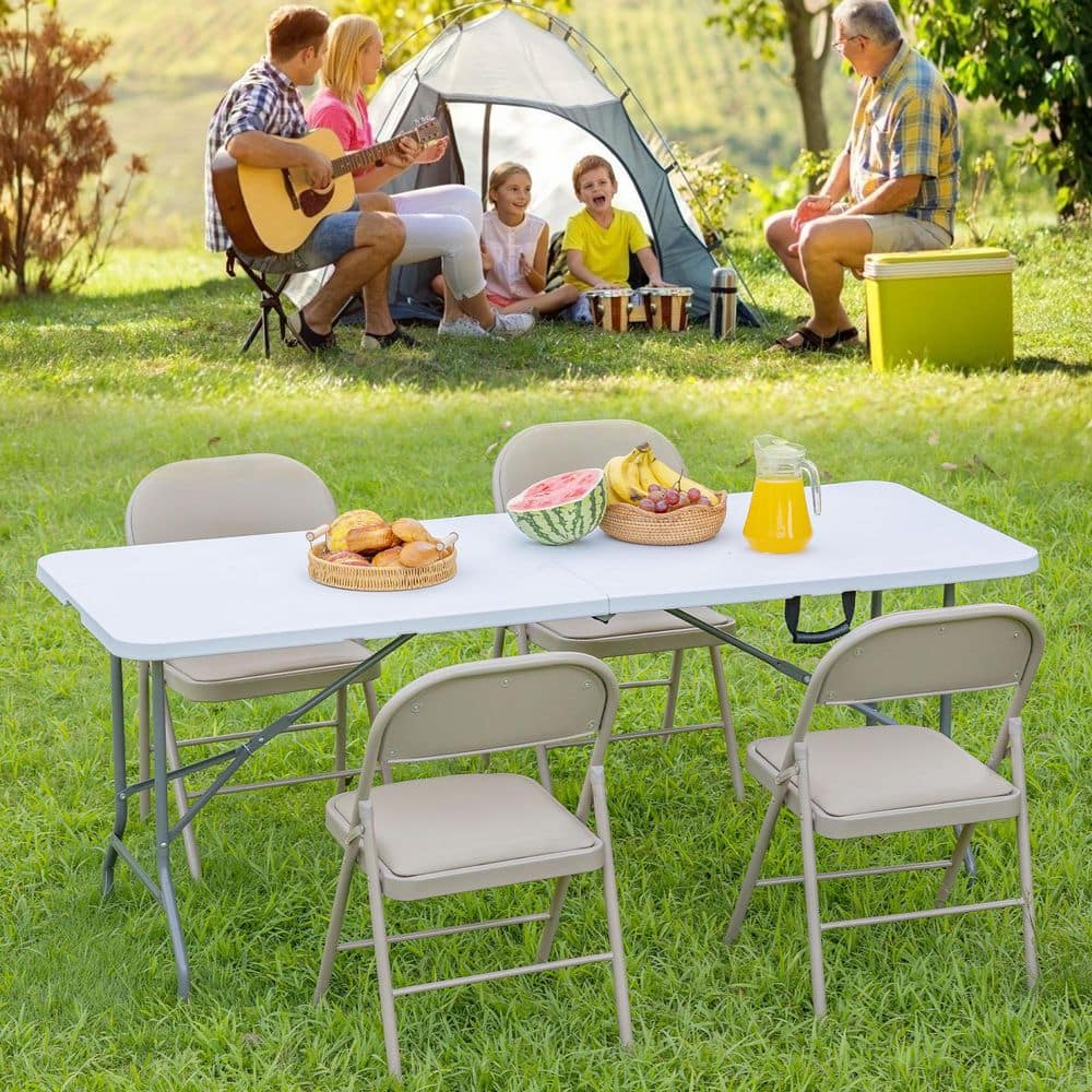 6 ft. Gray Rectangle Steel Outdoor Indoor Folding Picnic Table, Heavy Duty 