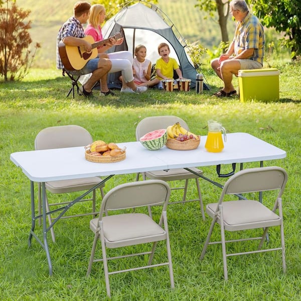 Unbranded 6 ft. Gray Rectangle Steel Outdoor Indoor Folding Picnic Table, Heavy Duty Portable Table with Carrying Handle