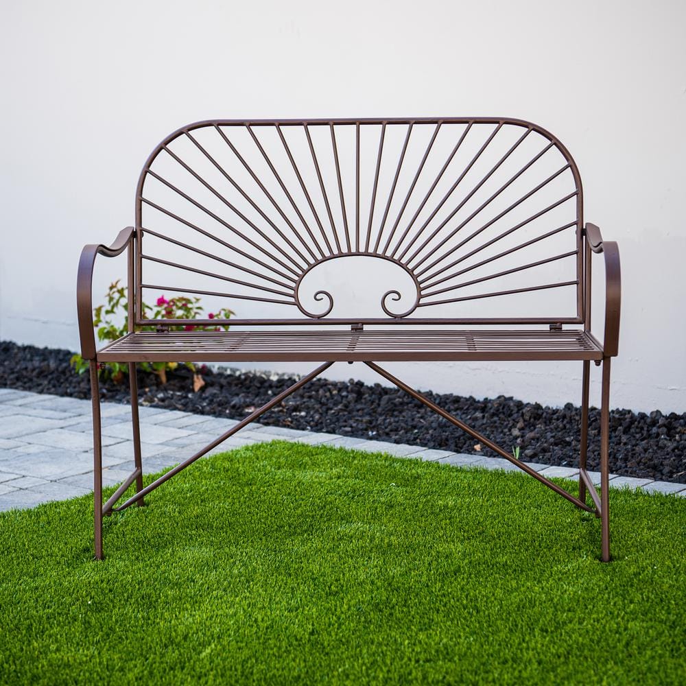 44-Inch Brown Iron Sun-Patterned Garden Bench