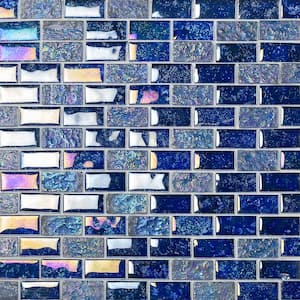 Marina Iridescent Indigo Brick 11 3/4 in. x 11 3/4 in. 8 mm Polished Glass Mesh-Mounted Mosaic Tile