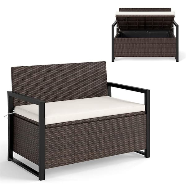 Patio Wicker Outdoor Storage Bench Loveseat with Built-in Storage and Long Seat Cushion Brown