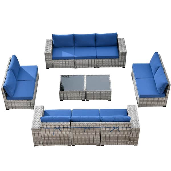 Beatrice 12-Piece Wicker Outdoor Sectional Set with Navy Blue Cushions