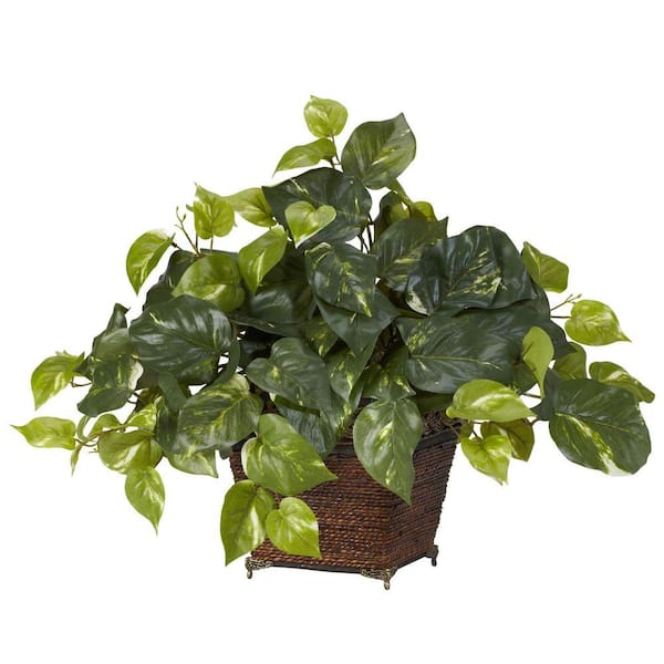 Nearly Natural 17 in. Artificial H Green Pothos with Coiled Rope Planter Silk Plant