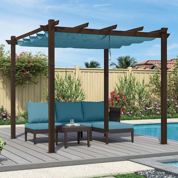 PURPLE LEAF 10 ft. W x 10 ft. D Modern Bronze Aluminum Pergola with Blue Adjustable UV Resistant Sun Shelter Canopy for Outdoor