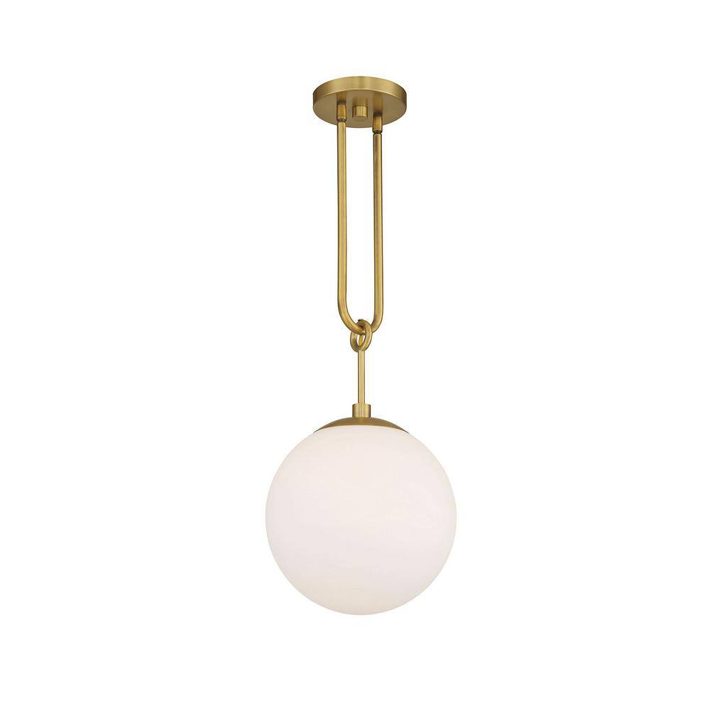 Becker Mid-Century Warm Brass Globe Pendant with White Glass