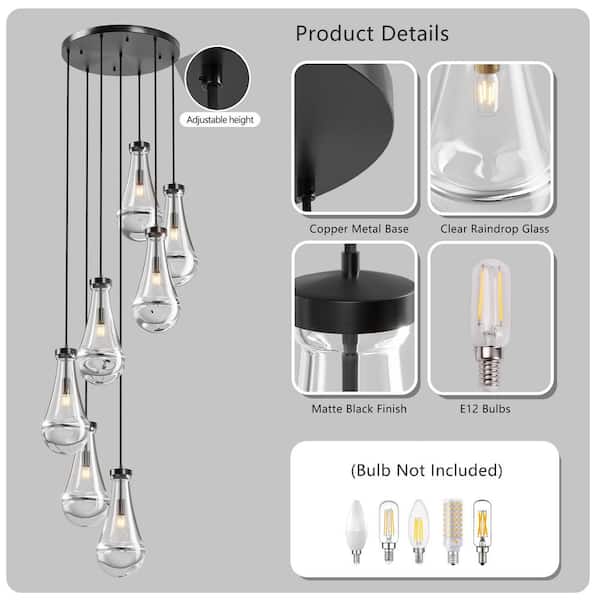 Jushua 7-Light Black High Ceiling Chandeliers Adjustable Cluster