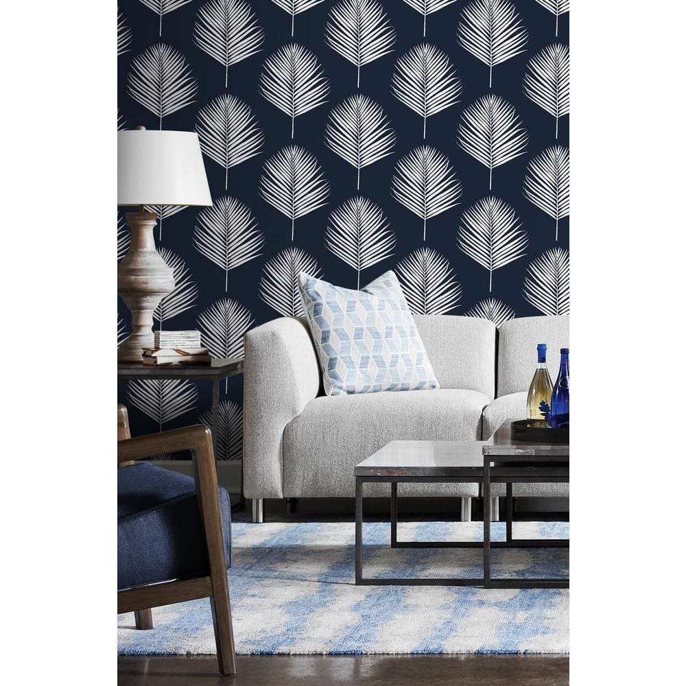 Midnight Blue and White Vinyl Palm Leaf Peel and Stick Wallpaper
