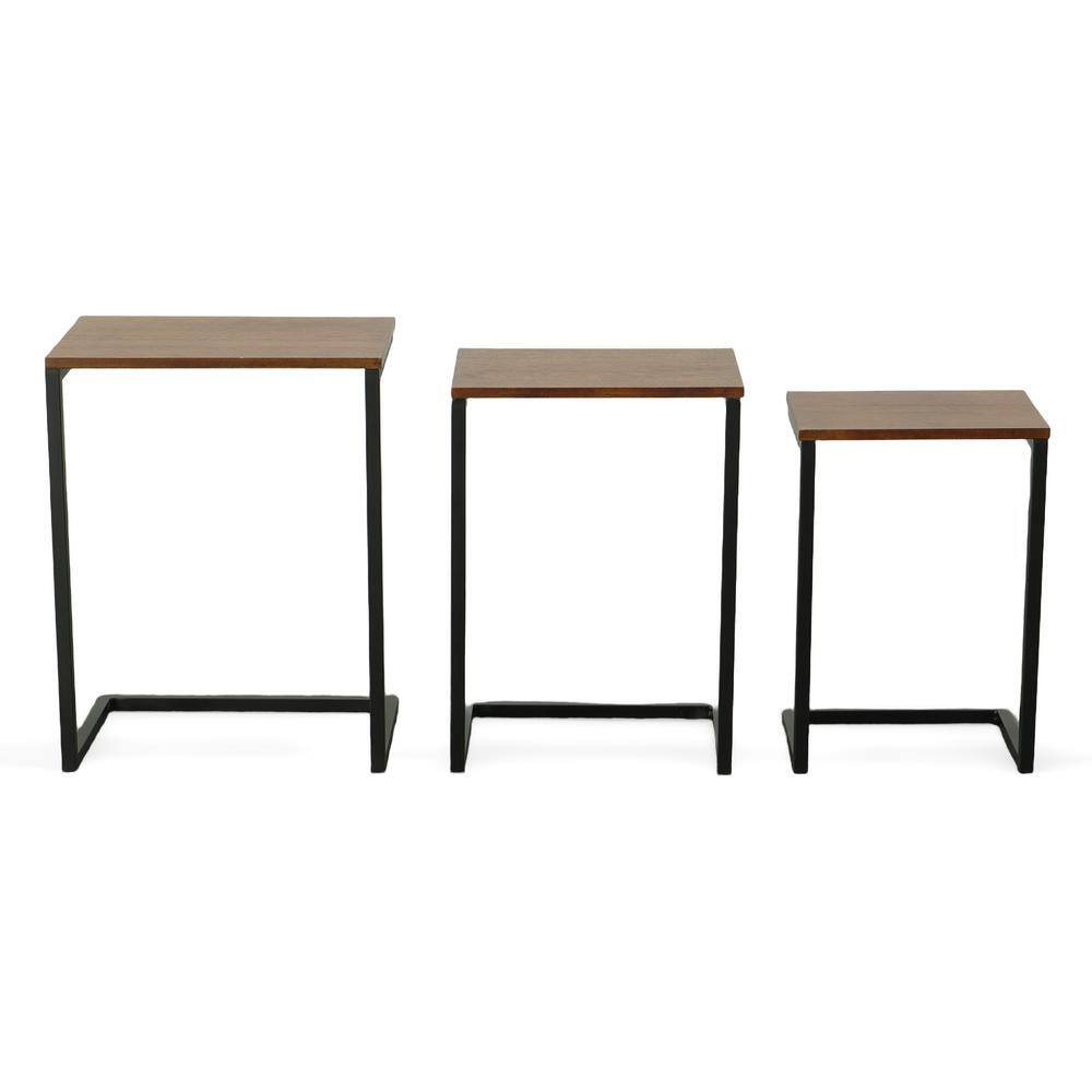 Chestnut and Black Wood Metal Nesting Tables Set of 3