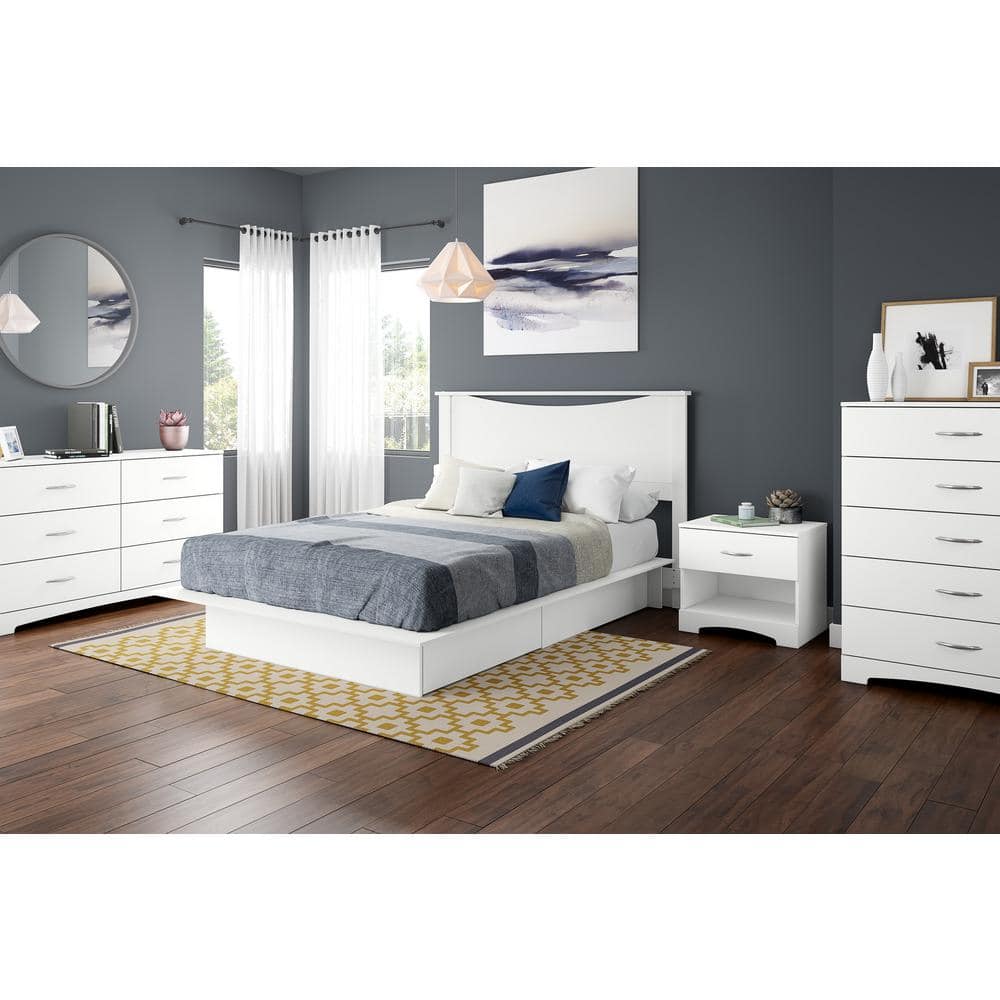Queen White Wood Platform Bed with Storage Drawers