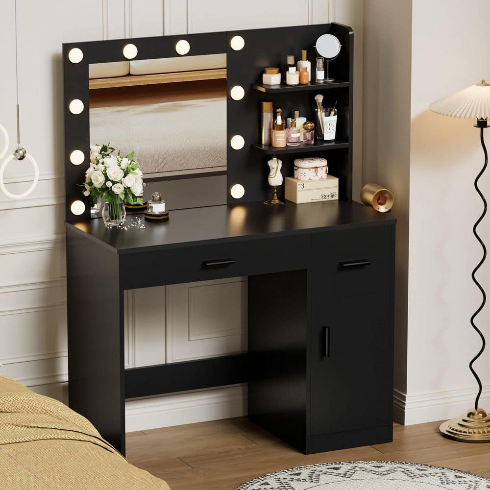 Vanity Desk with Lighted Mirror & Power Outlet, Makeup Vanity with Drawer & Cabinet White - thumbnail 9