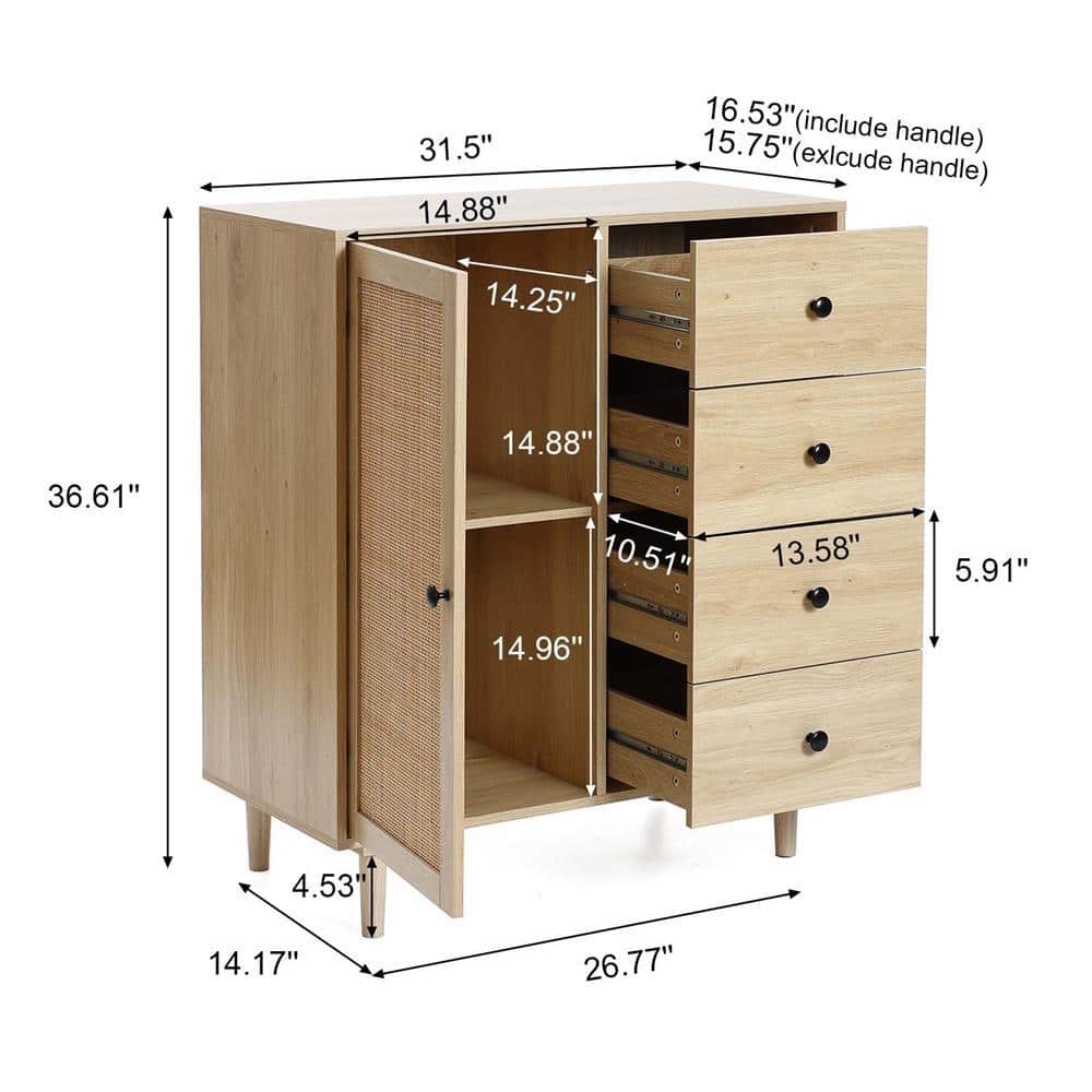 White Oak and Rattan 4-Drawer Storage Cabinet