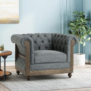 Chesterfield Charcoal Upholstered Scrolled Tuxedo Armchair Club Chair with Deep ButtonTufting and Nail head Trim