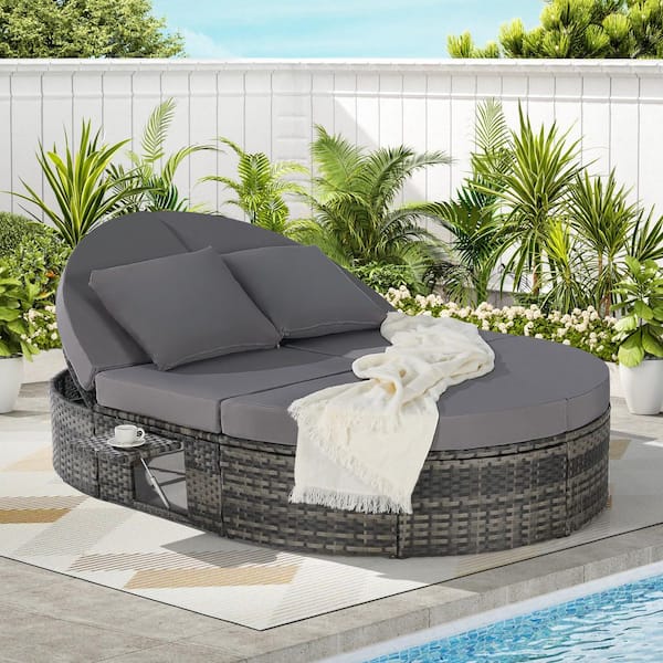 Sudzendf Gray Wicker Outdoor Day Bed with Dark Gray Cushions, Pillows, Adjustable Backrests and Foldable Cup Trays