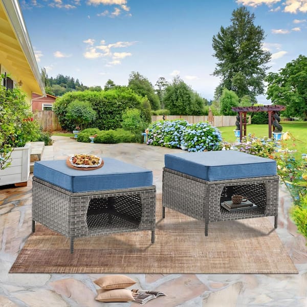 kuurfuurdo Gray Wicker Outdoor Patio Ottoman with Storage Space Denim Blue Cushions (Set-2)
