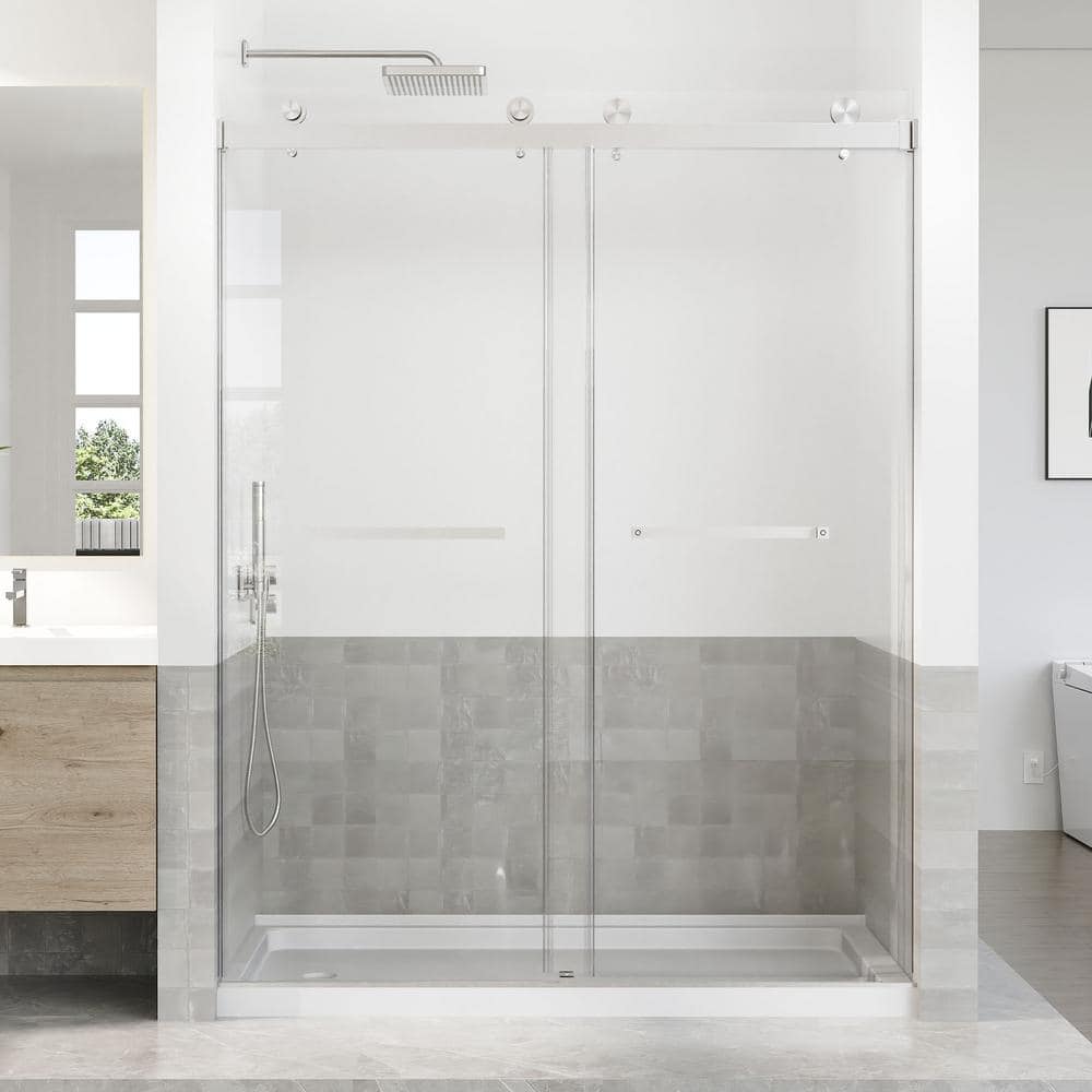 Brushed Nickel Frameless Sliding Shower Door with Clear Tempered Glass