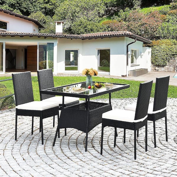 5 of Piece Wicker Outdoor Dining Set with Glass Table and White Cushion
