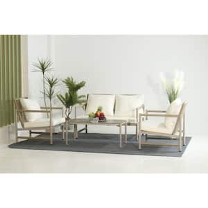 PE Rattan 4-Piece Wicker Patio Conversation Set with Washable Cushion and Tempered Glass Tabletop with White Cushions