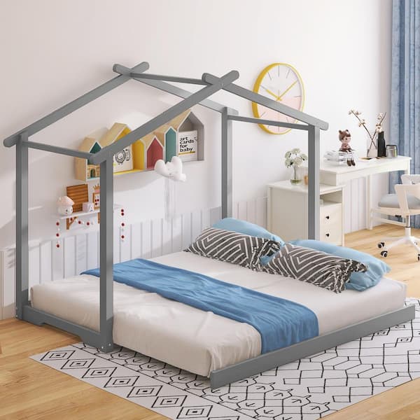 Qualler Gray Twin XL/King Size House Platform Bed with Trundle