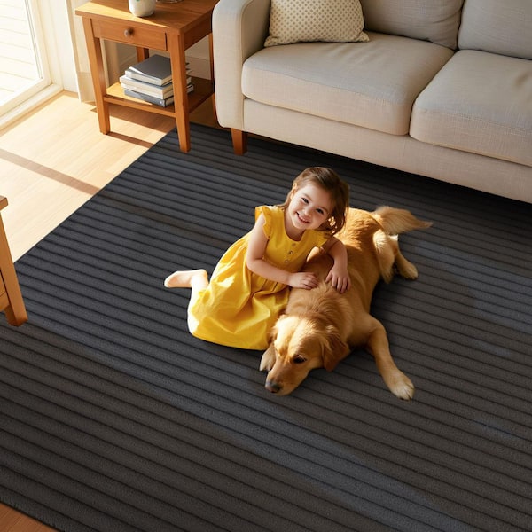 UltraPlush Touch 8 ft. x 10 ft. Dark Grey Non-Slip Rubber Back Washable Polyester Stripes Indoor Area Rug