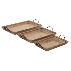Brown Wood Decorative Tray with Metal Handles (Set of 3)