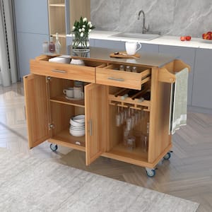 51 in. W Brown MDF Stainless Steel Top Kitchen Cart Kitchen Island on Wheels with 2-Drawers and Goblet Holder