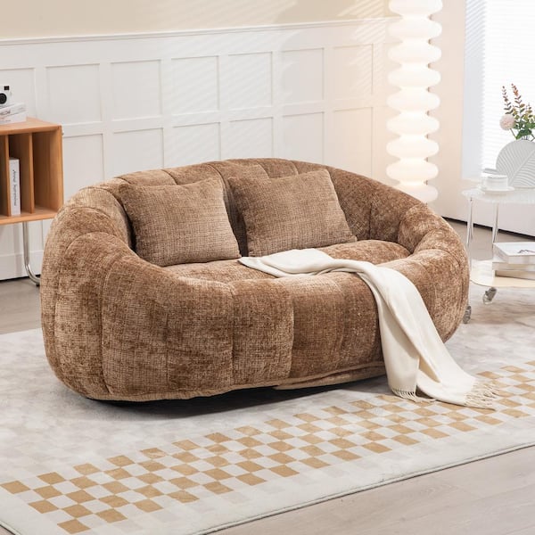 59 in. Coffee Chenille 2-Seater Loveseat Comfort Lounger High Back Bean Bag Chair Lazy Sofa Couch with Pillows
