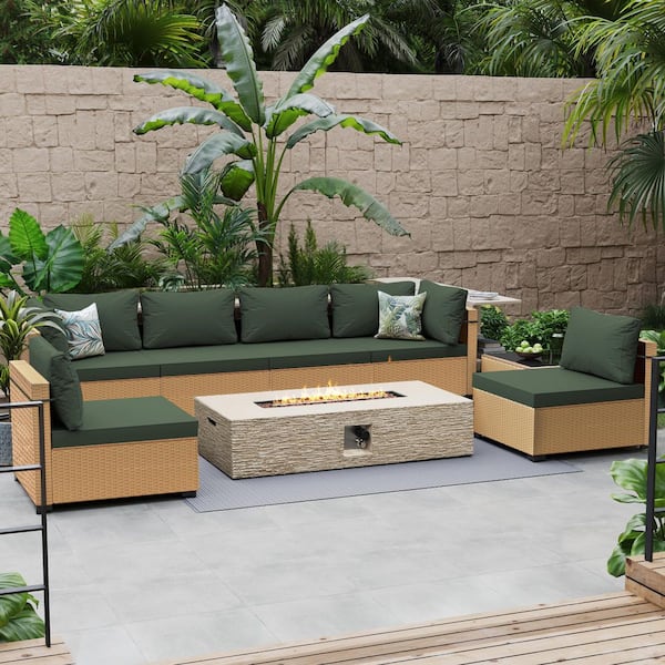 PATIO WATCHER 8-Piece Rattan Patio Conversation Set with Cushions and 56 in. Outdoor Rectangle Fire Pit Table,Pine Green Cushions