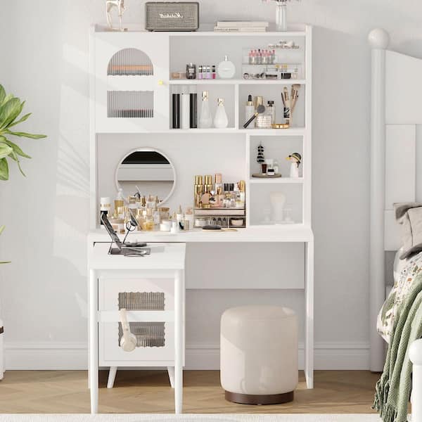 43.1 in. White Wood a Drawer Computer Desk with Degree Rotating Desktop, Cabinets and Shelves
