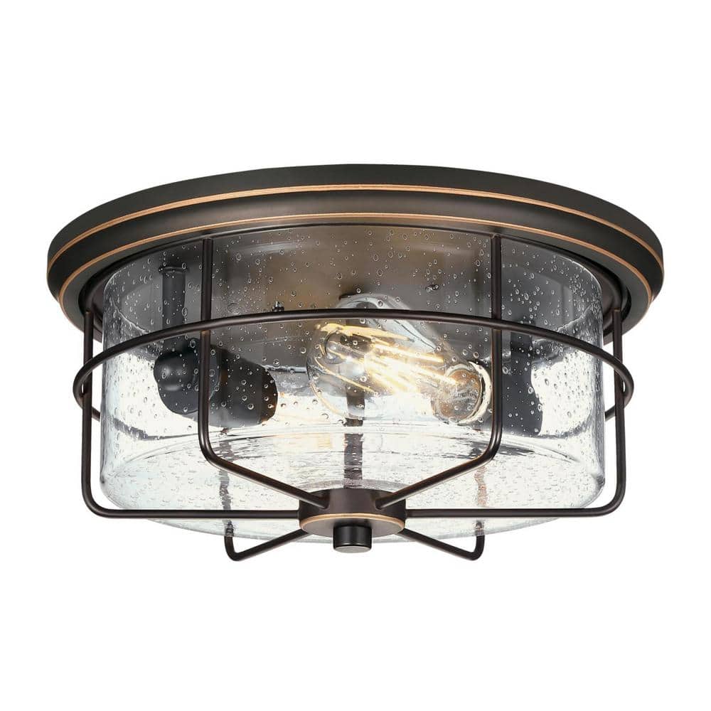 Rosella Black-Bronze 2-Light Outdoor Flush Mount with Seeded Glass