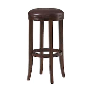 Natick 30 in. Round Distressed Walnut Bar Height Backless Wood Stool with Cushioned Seat