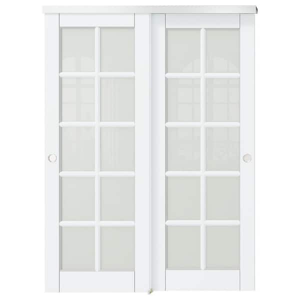 TENONER 64 in. x 80 in. (Double 32 in.) 10-Lite, White, No Bore, Frosted Glass MDF Wood Interior Door Slab with Bypass Hardware