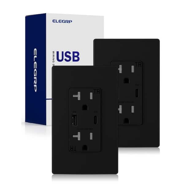 ELEGRP 30-Watt Type A & Type C USB Duplex Wall Outlet for PD and QC, 20 Amp Receptacle, w/Wall Plate (2-Pack, Black)