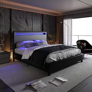 Black Wood Frame Queen Size PU Leather Upholstered Platform Bed with LED Lighting