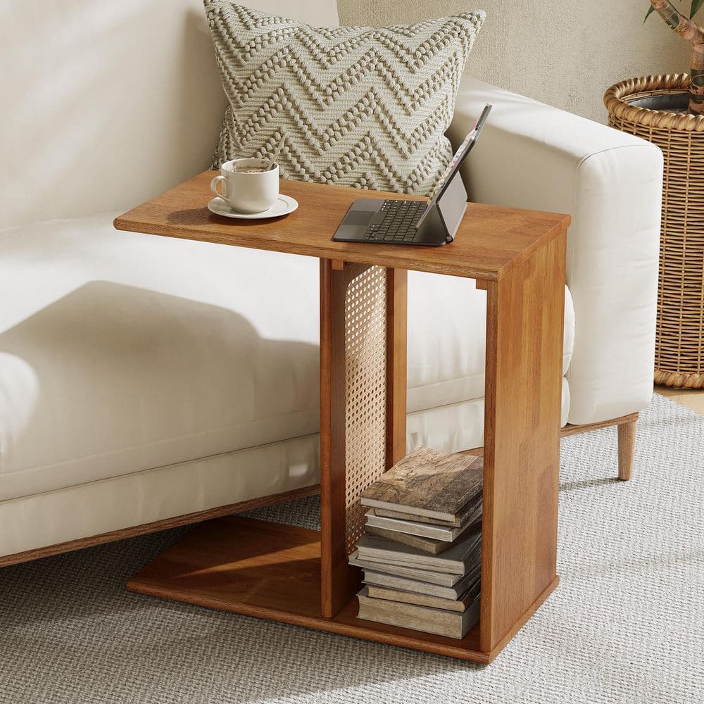 Kerlin 24 in. Brown C-Shaped Solid Wood End Table with Rattan Mesh, 2-Tier Modern Side Table for Living Room, Bedroom